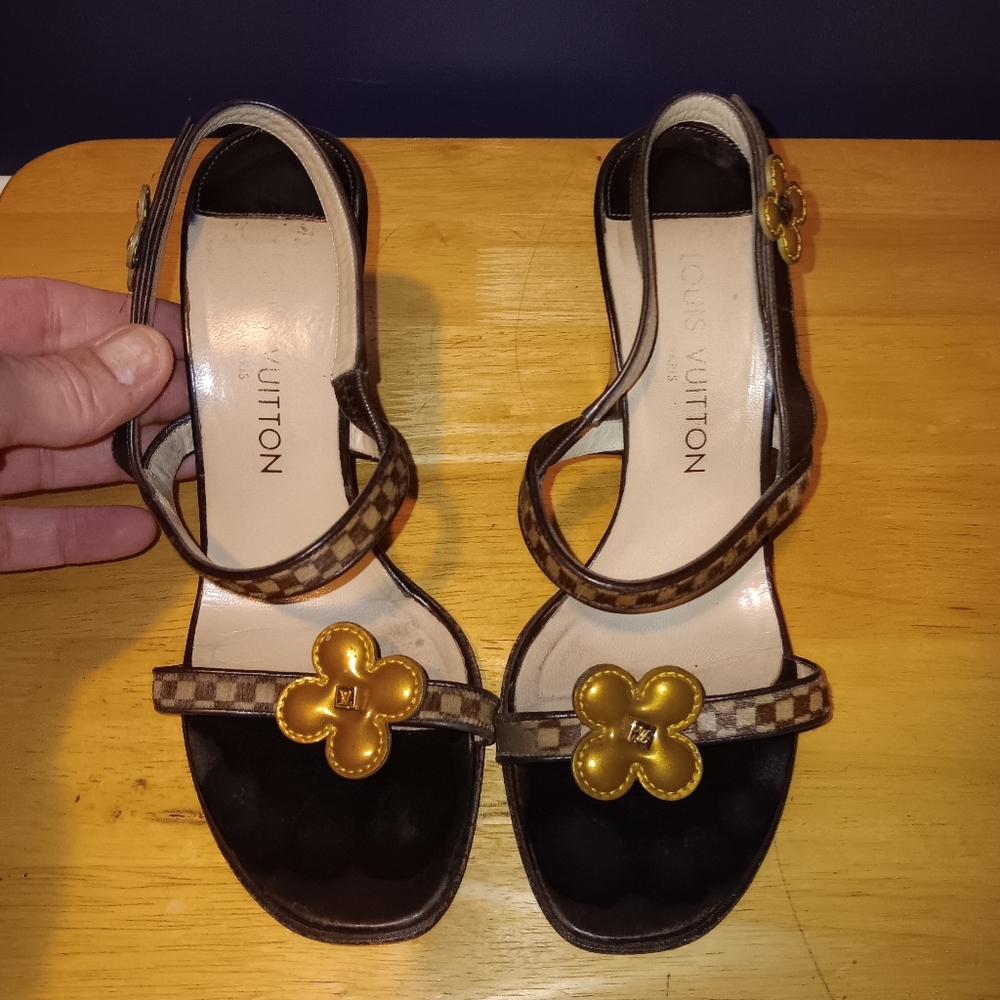 Louis Vuitton Brown Damier Slingback Sandals with Gold Floral Medallions